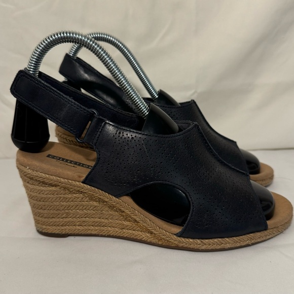 Clarks Lafley Rosen Wedge Leather Women's‎ 8 M Sandals Espadrille Navy Blue - Picture 5 of 10